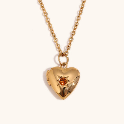 European and American high-end heart-shaped pendant, stainless steel plated with 18K gold, December Stone Picture Box Necklace for Women