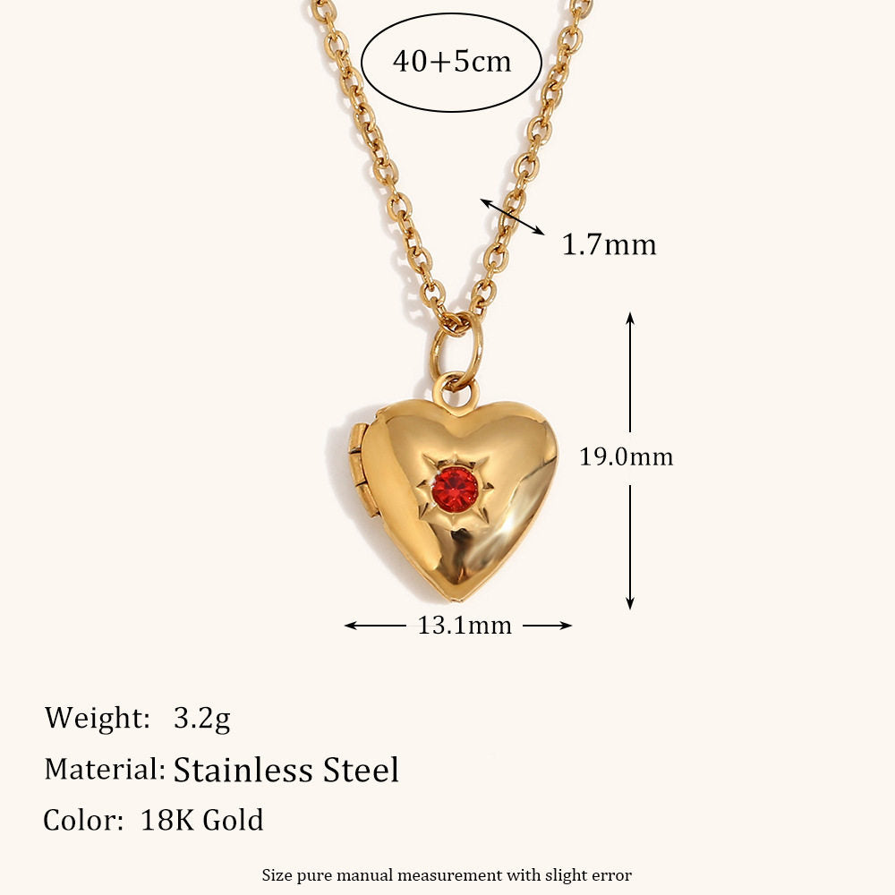 European and American high-end heart-shaped pendant, stainless steel plated with 18K gold, December Stone Picture Box Necklace for Women