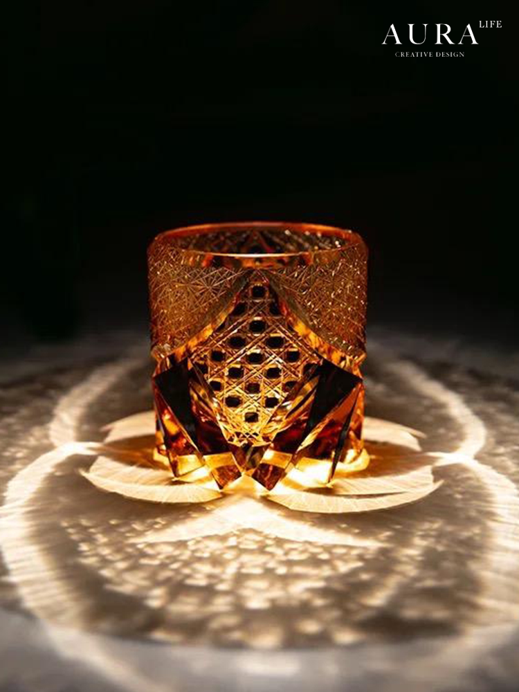 AURA'S black samurai Japanese style Edo Kiriko handmade glass whiskey glass carved amber glass