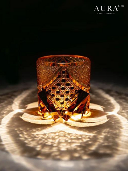 AURA'S black samurai Japanese style Edo Kiriko handmade glass whiskey glass carved amber glass