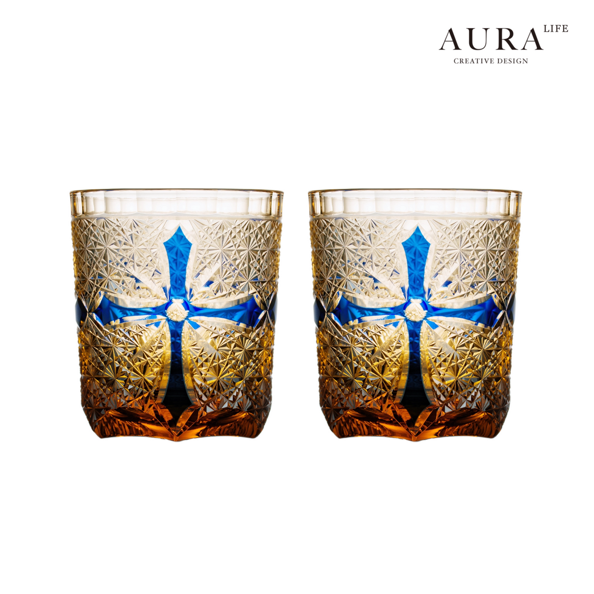 AURA'S niche high-end blue daisy light luxury gold armor hand-carved amber cross whiskey glass
