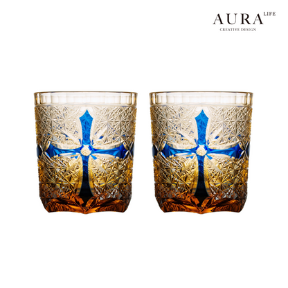 AURA'S niche high-end blue daisy light luxury gold armor hand-carved amber cross whiskey glass
