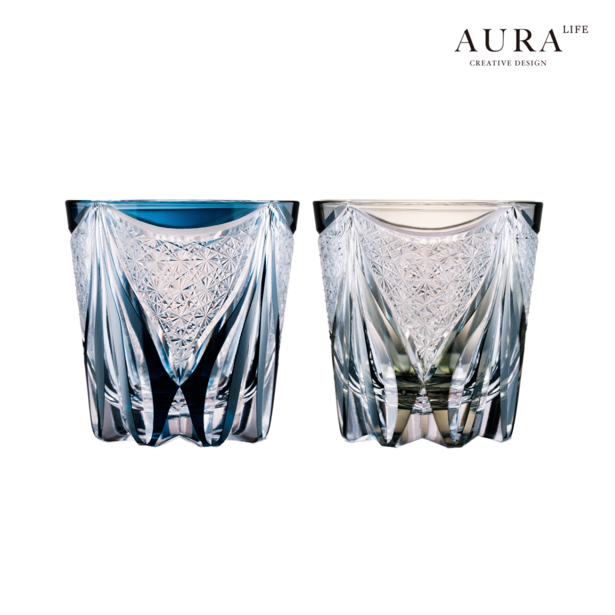 AURA'S Edo Kiriko Blue Tide Phantom Hand-Carved Crystal Cup Whiskey Wine Glass Glass Gift