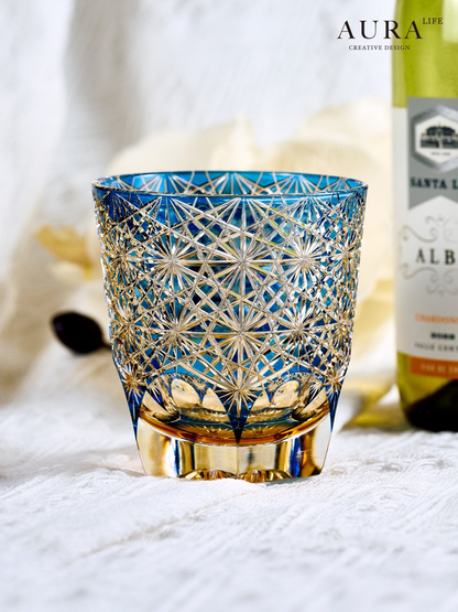 AURA'S [Imported Quality] Blue Daisy Edo Kiriko Japanese Light Luxury Crystal Glass Whisky Glass