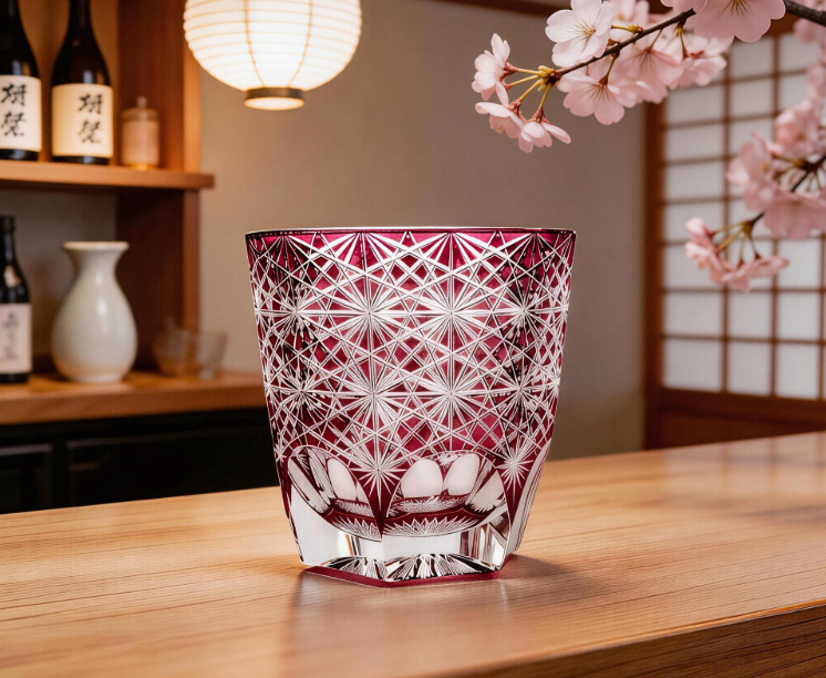 Edo Kiriko blue daisy crystal glass high-end hand-carved whiskey glass sake gift glass