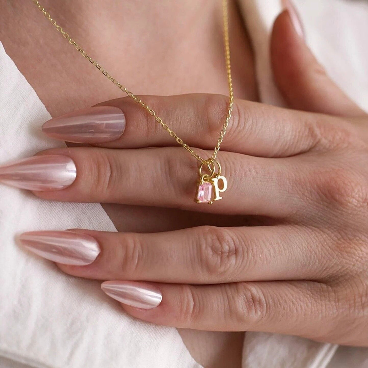 Mini Rectangle Birthstone Necklace & Initial Charms — product photograph