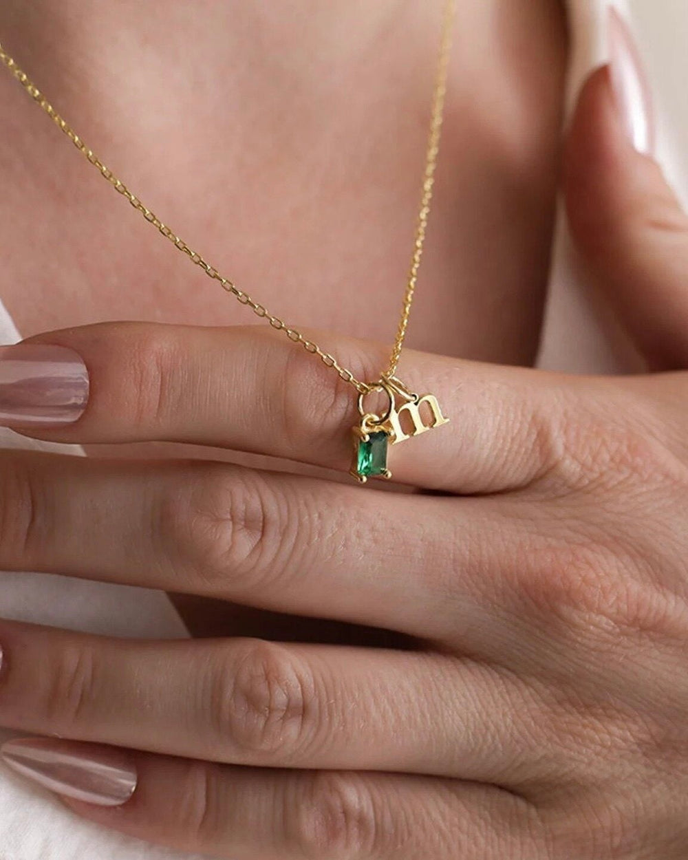Mini Rectangle Birthstone Necklace & Initial Charms — editorial product close-up