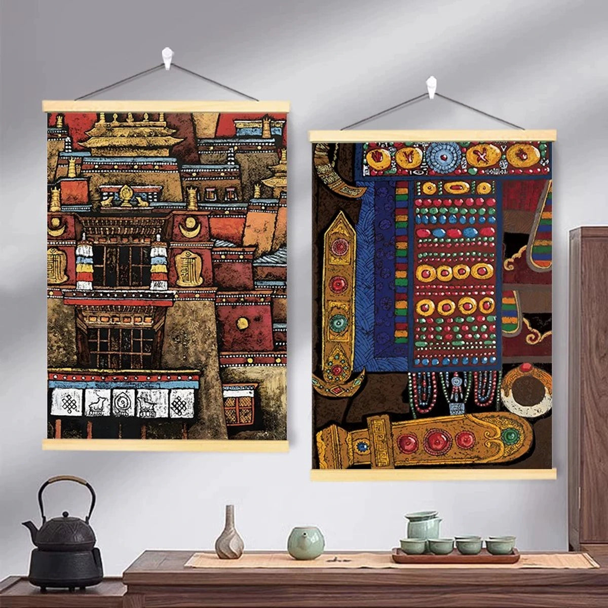 Canvas wall art room styling example 03; each artwork sold separately