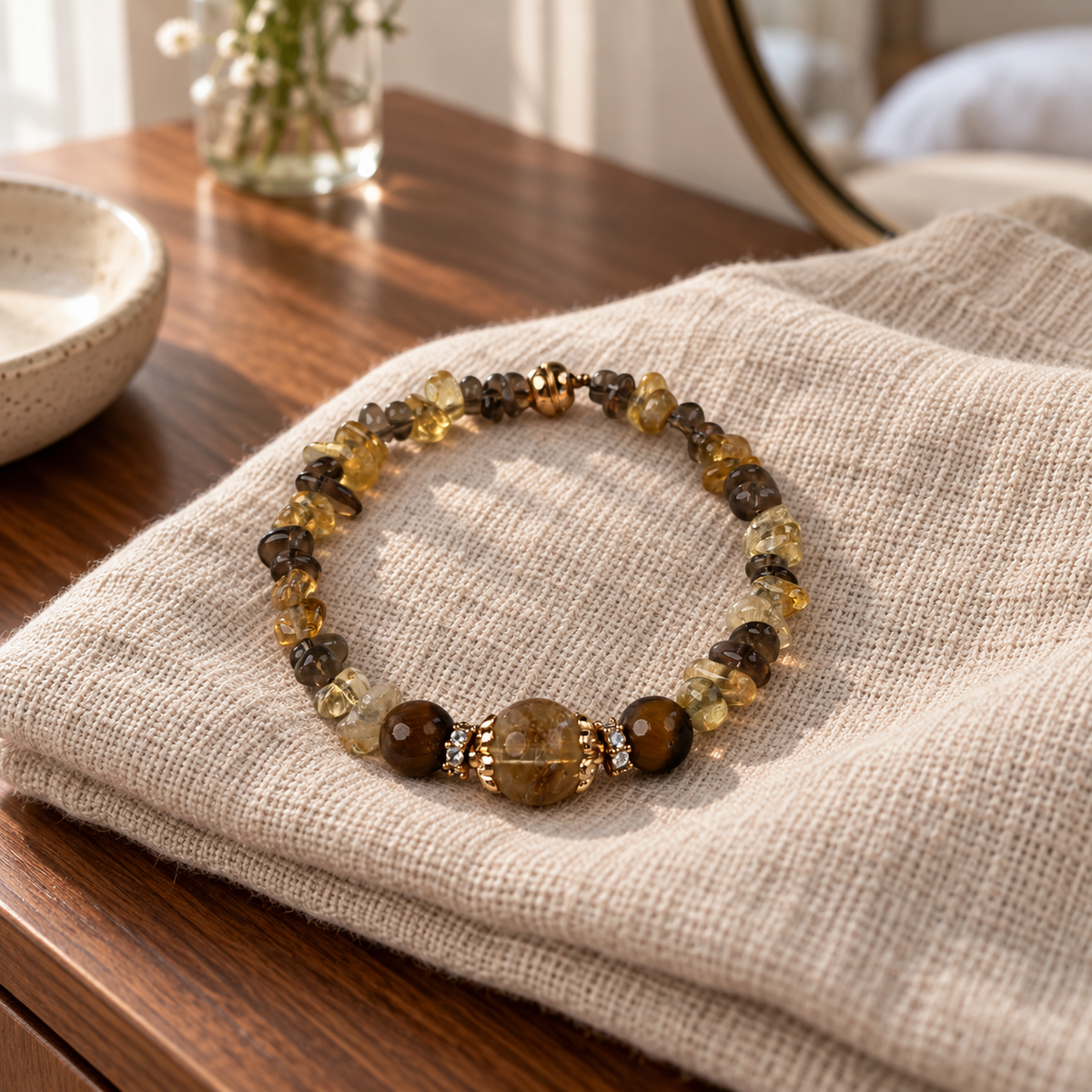 Agate & Tiger Eye Chip Bracelet styled with everyday fabric and home accessories.