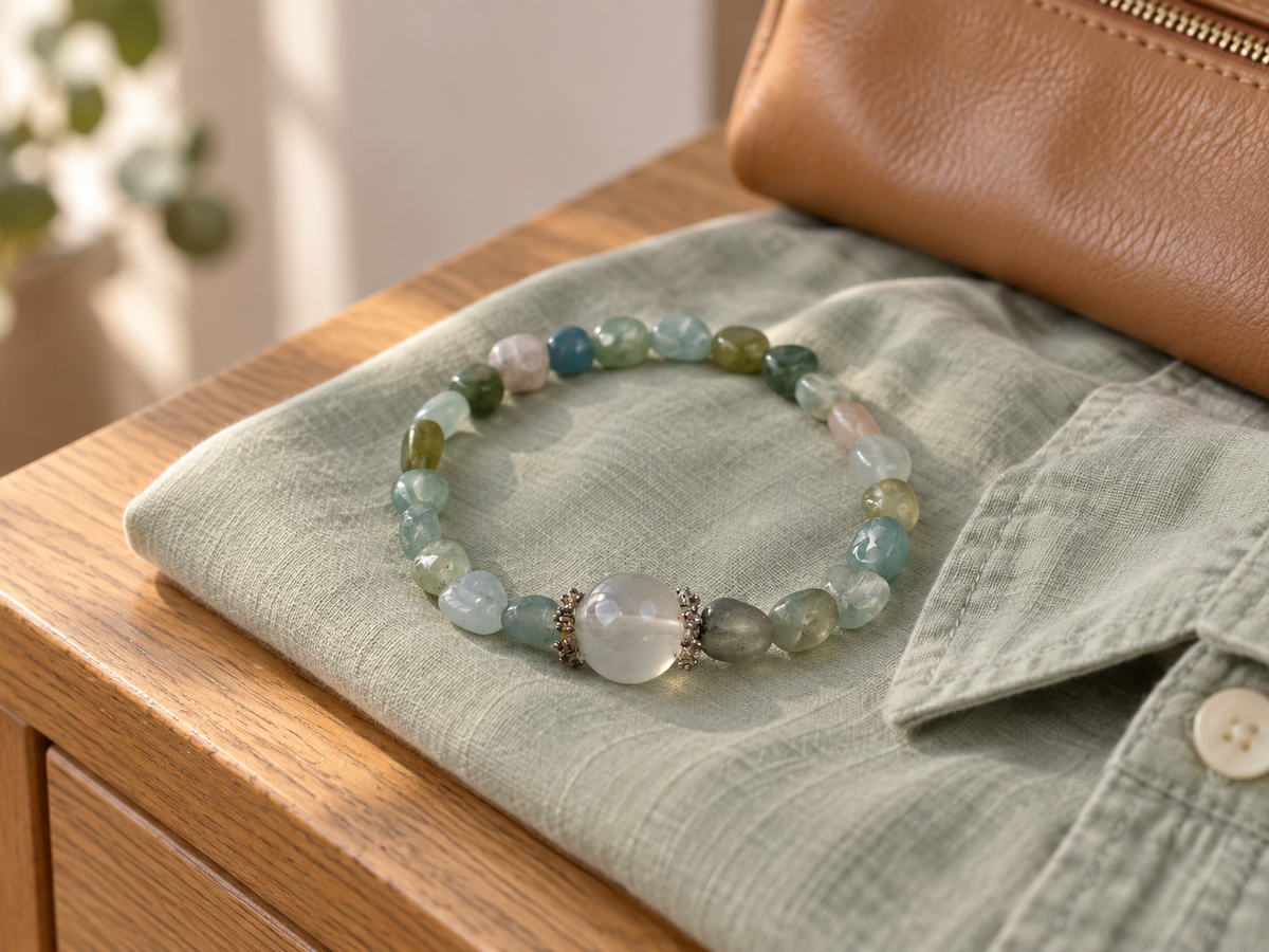 Green agate and white crystal bracelet on a sage cotton shirt.