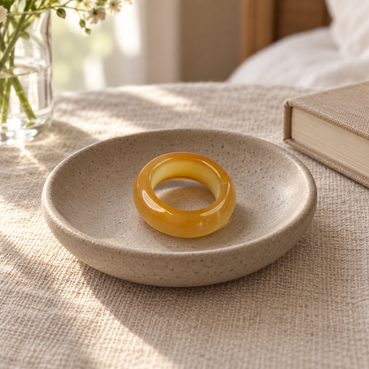Honey Yellow Agate Band Ring styled with everyday fabric and home accessories.