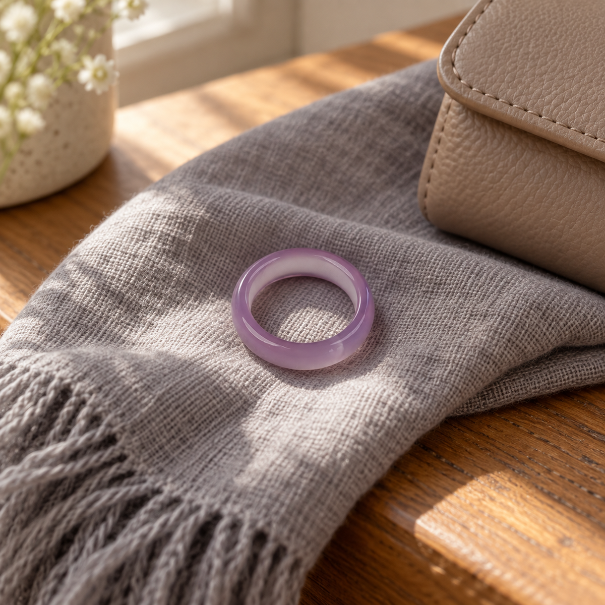Lavender Agate Band Ring styled with everyday fabric and home accessories.