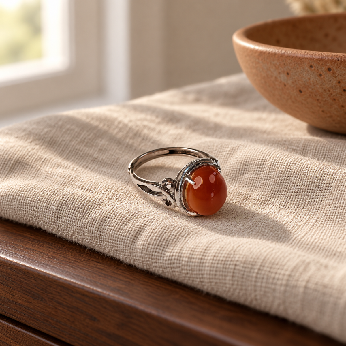 Red Agate Adjustable Ring — Vine Setting styled with everyday fabric and home accessories.