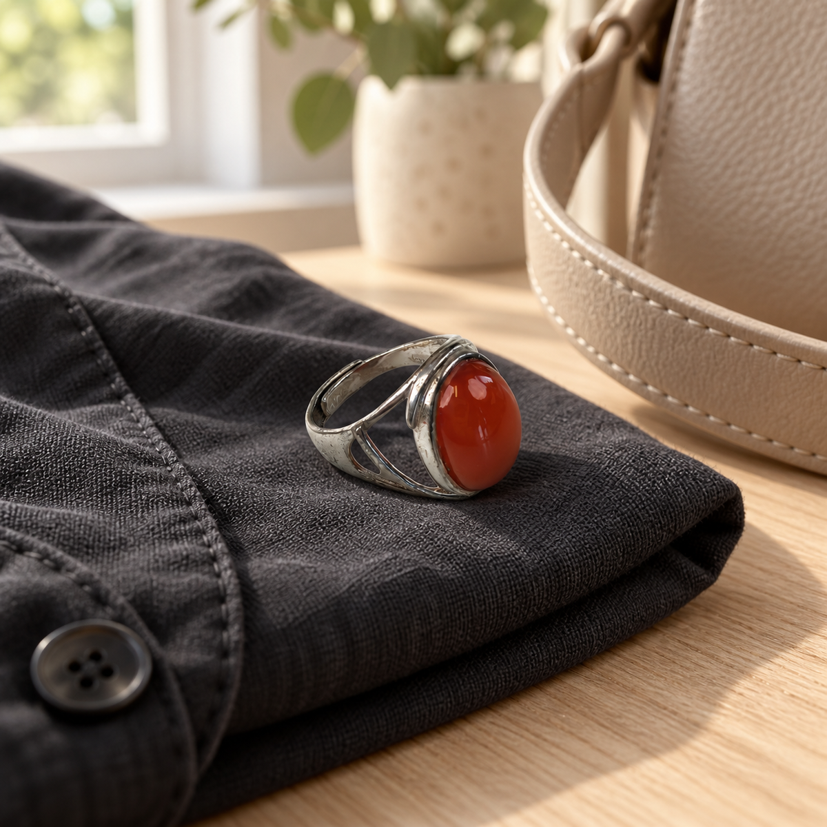 Red Agate Adjustable Ring — Wing Setting styled with everyday fabric and home accessories.