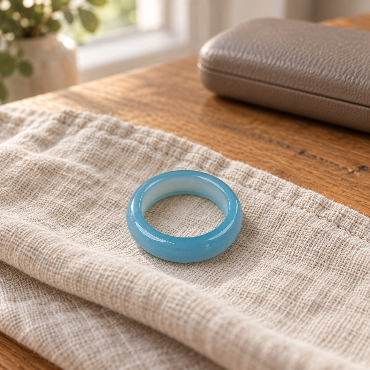 Sky Blue Agate Band Ring styled with everyday fabric and home accessories.