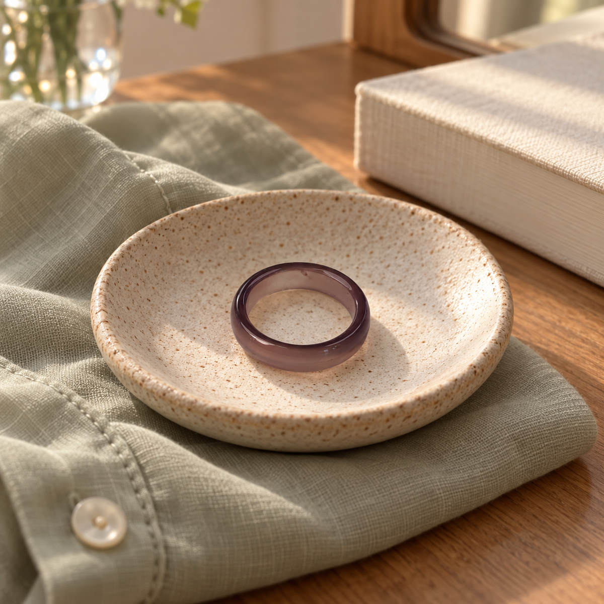 Smoky Purple Agate Band Ring styled with everyday fabric and home accessories.