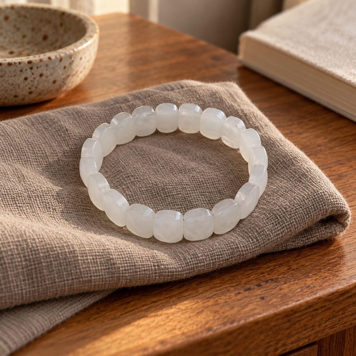 Milky white agate bracelet on folded taupe fabric beside a bedside catchall.