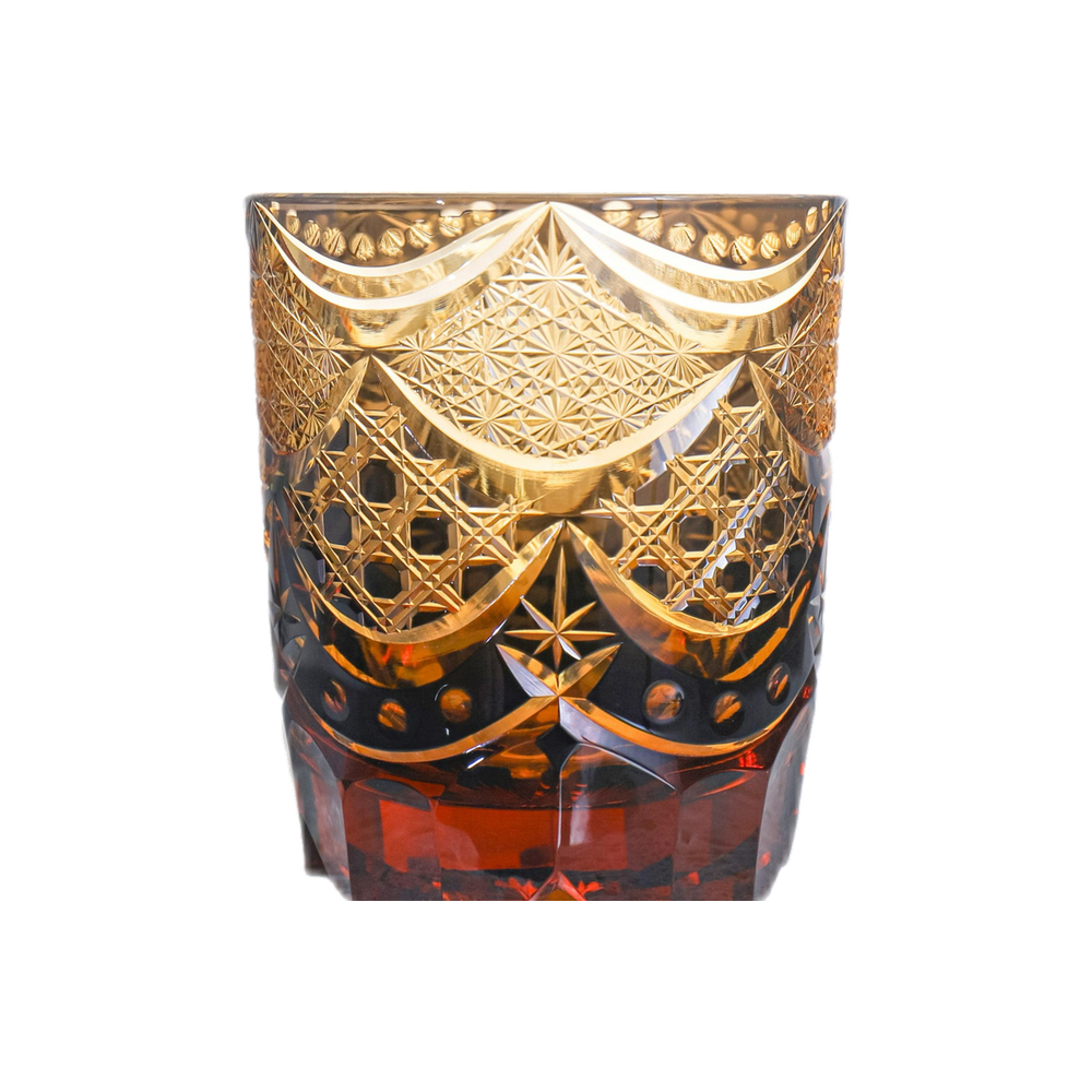 Amber Night Edo Kiriko Whisky Glass — Handcrafted — one glass, transparent background