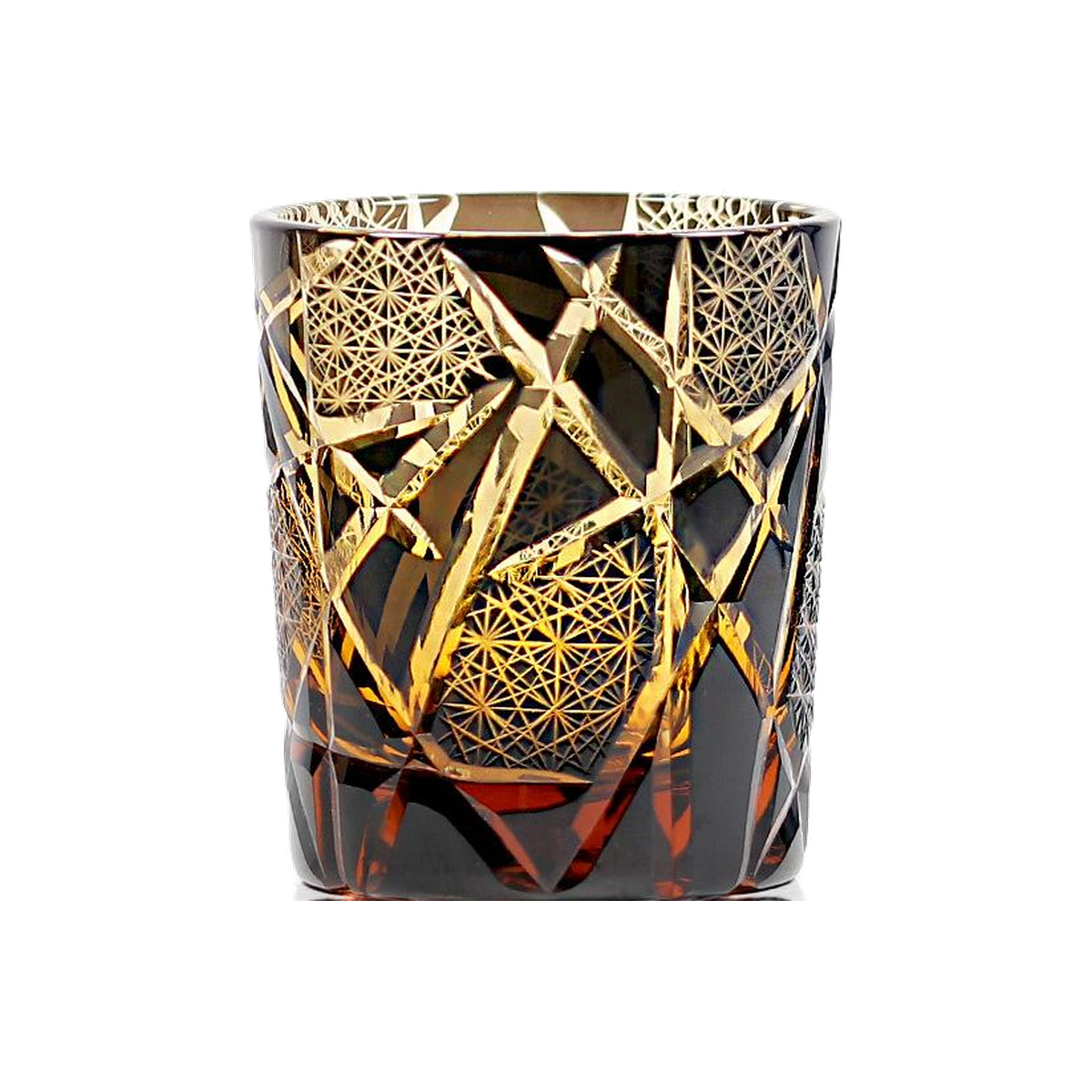 Amber Lightning Edo Kiriko Whisky Glass — Handcrafted — one glass, transparent background