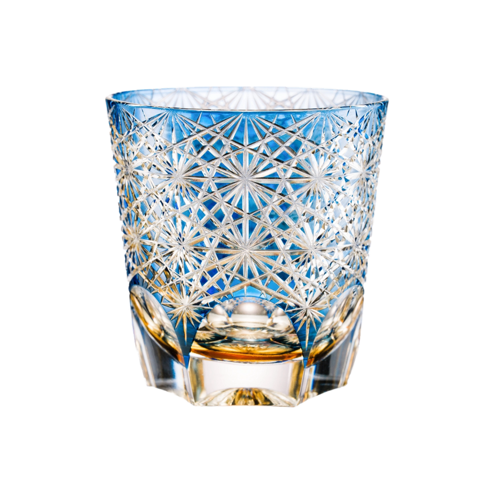 Large Blue Daisy Edo Kiriko Whisky Glass — Handcrafted — one glass, transparent background