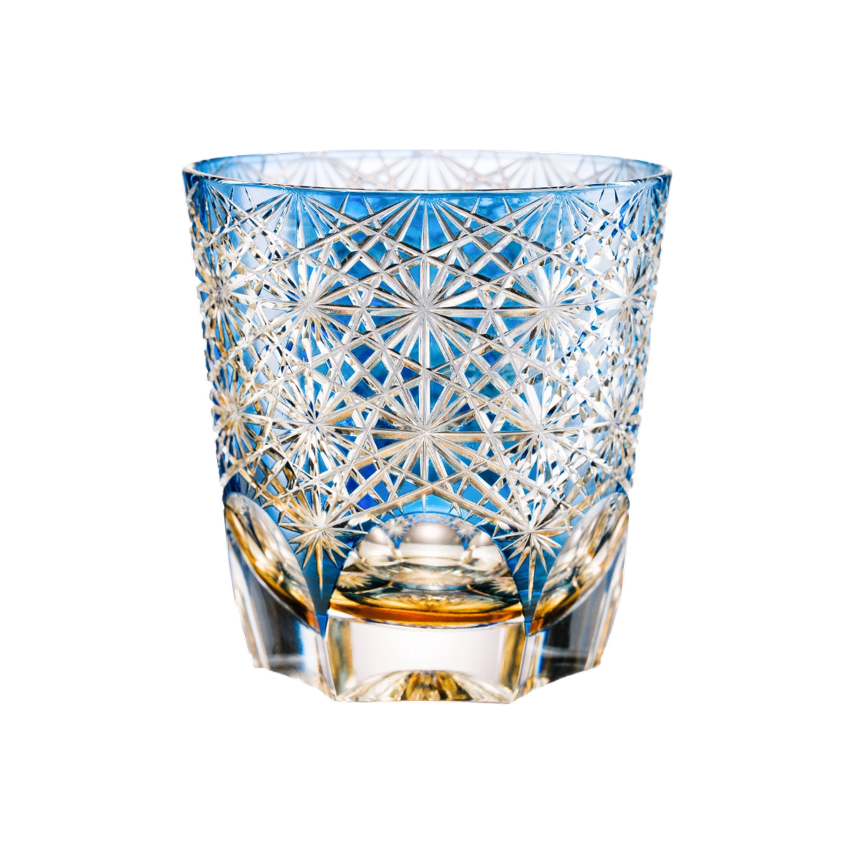 Large Blue Daisy Edo Kiriko Whisky Glass — Handcrafted — one glass, transparent background