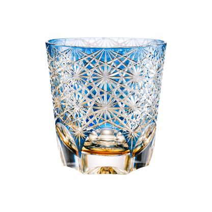 Large Blue Daisy Edo Kiriko Whisky Glass — Handcrafted — one glass, transparent background