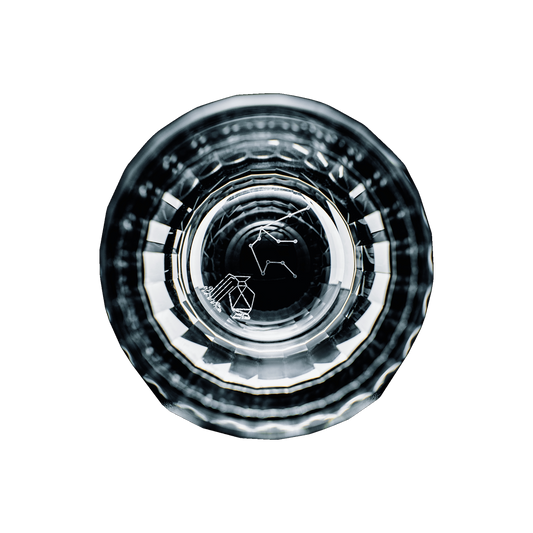 Zodiac whisky glass — Aquarius base detail, one glass, transparent background