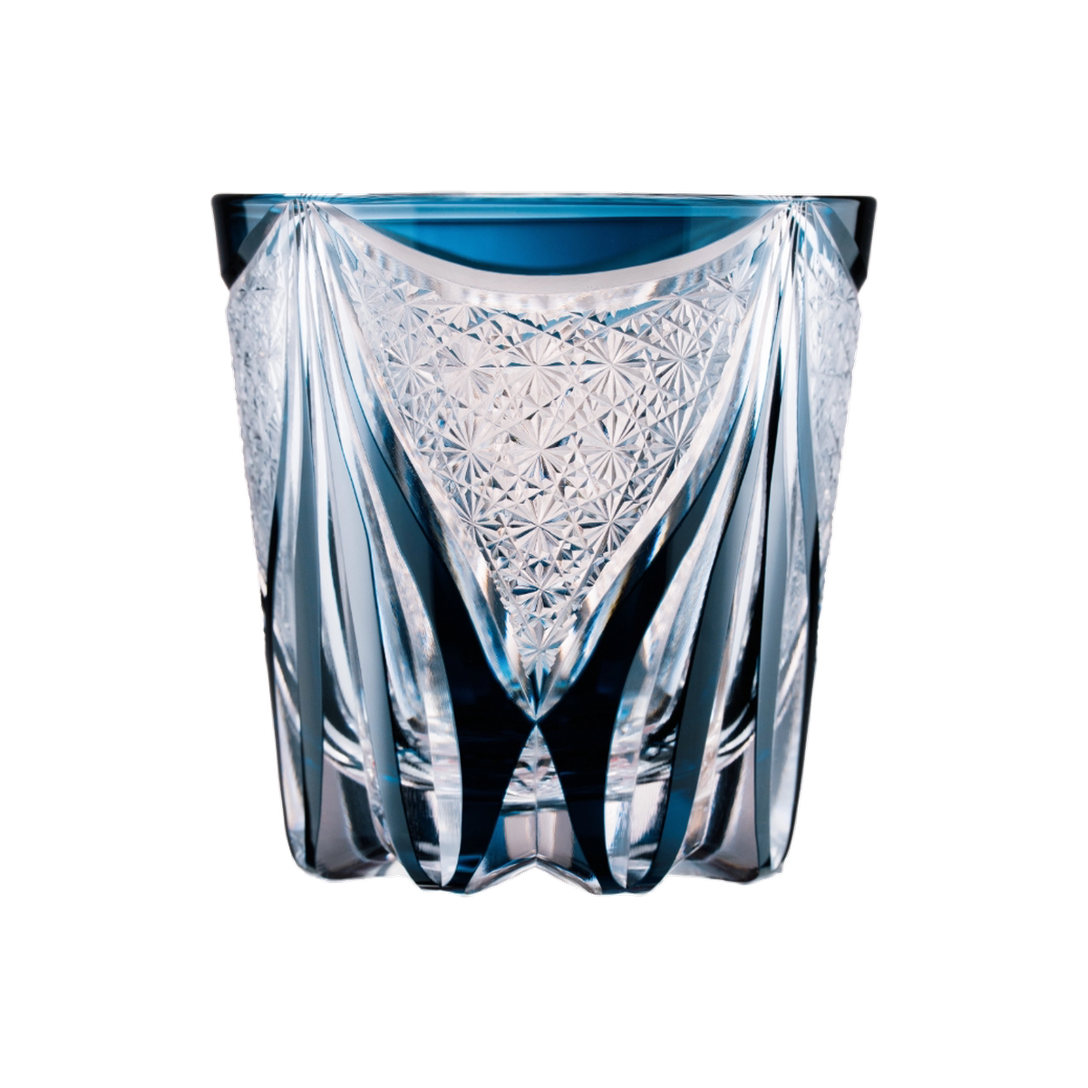 Blue Tide Phantom Edo Kiriko Whisky Glass — Handcrafted — one glass, transparent background