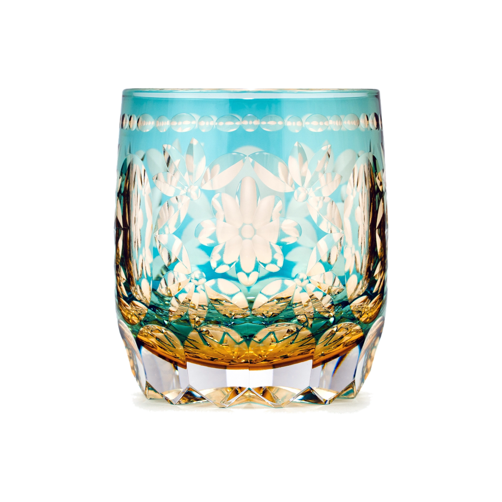 Flower Temari Edo Kiriko Whisky Glass — Handcrafted — one glass, transparent background