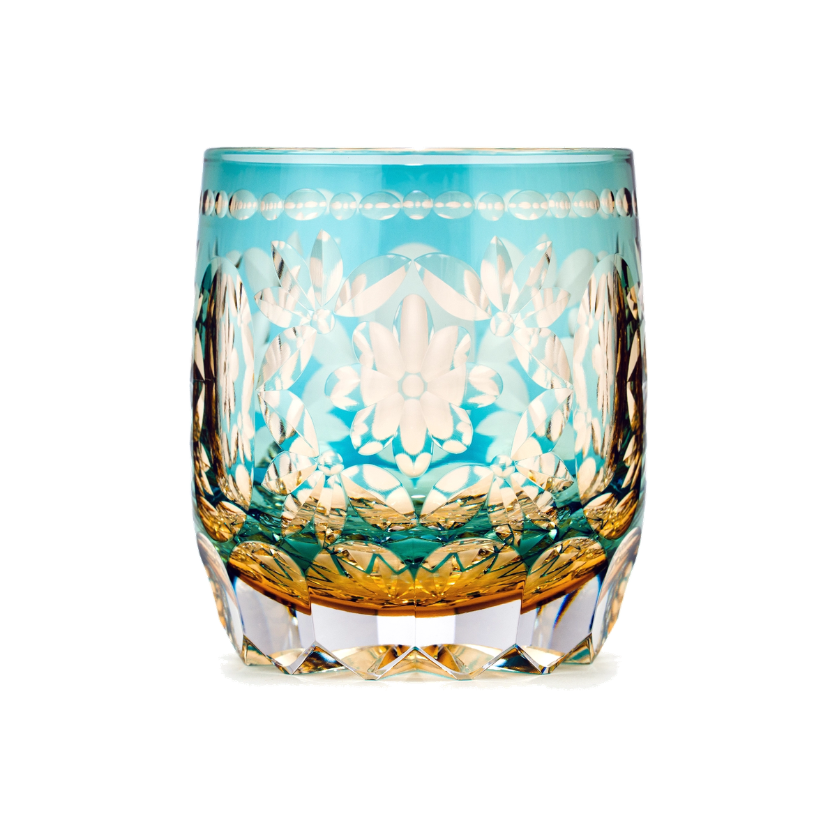 Flower Temari Edo Kiriko Whisky Glass — Handcrafted — one glass, transparent background