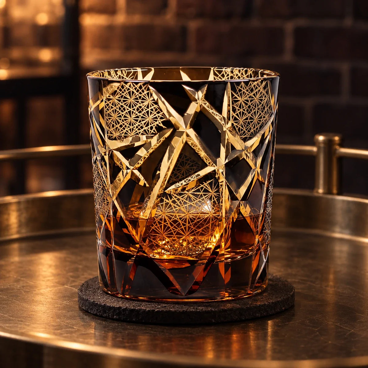 Amber Lightning Edo Kiriko Whisky Glass, Amber Black, with whisky and one ice cube — AI-generated nighttime styling