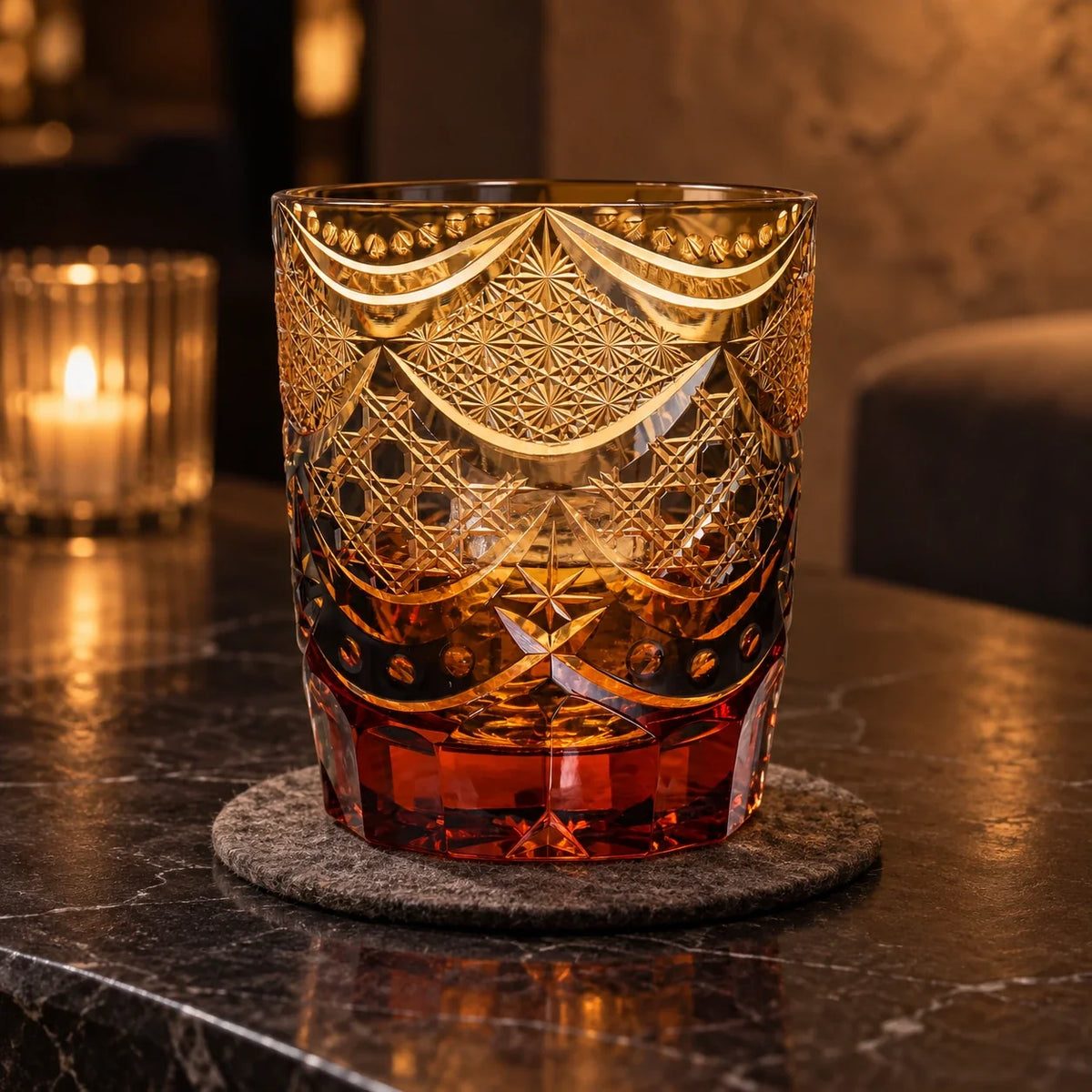 Amber Night Edo Kiriko Whisky Glass, Amber Black, with whisky and one ice cube — AI-generated nighttime styling