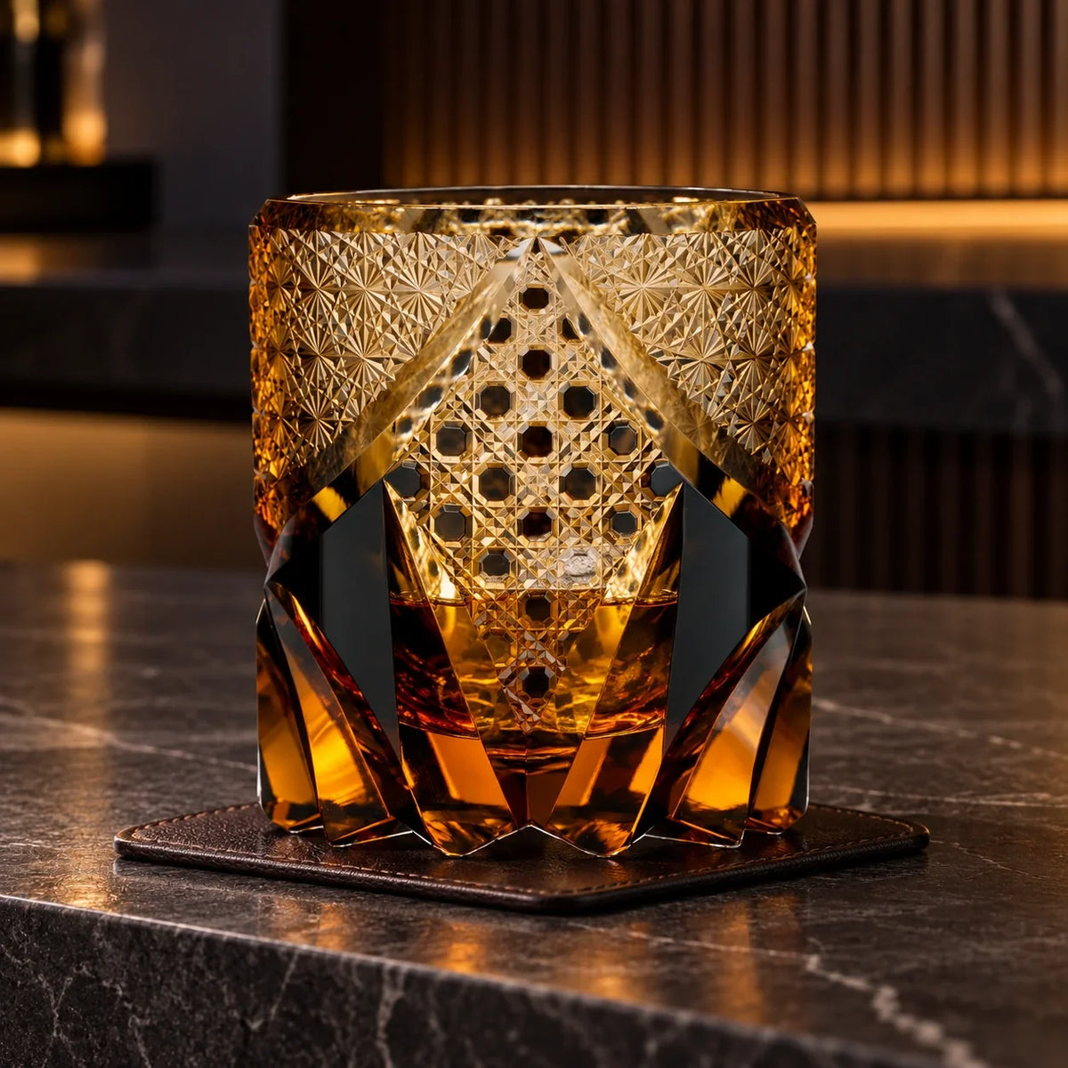 Black Samurai Edo Kiriko Whisky Glass, Amber Black, with whisky and one ice cube — AI-generated nighttime styling