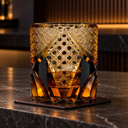 Black Samurai Edo Kiriko Whisky Glass, Amber Black, with whisky and one ice cube — AI-generated nighttime styling