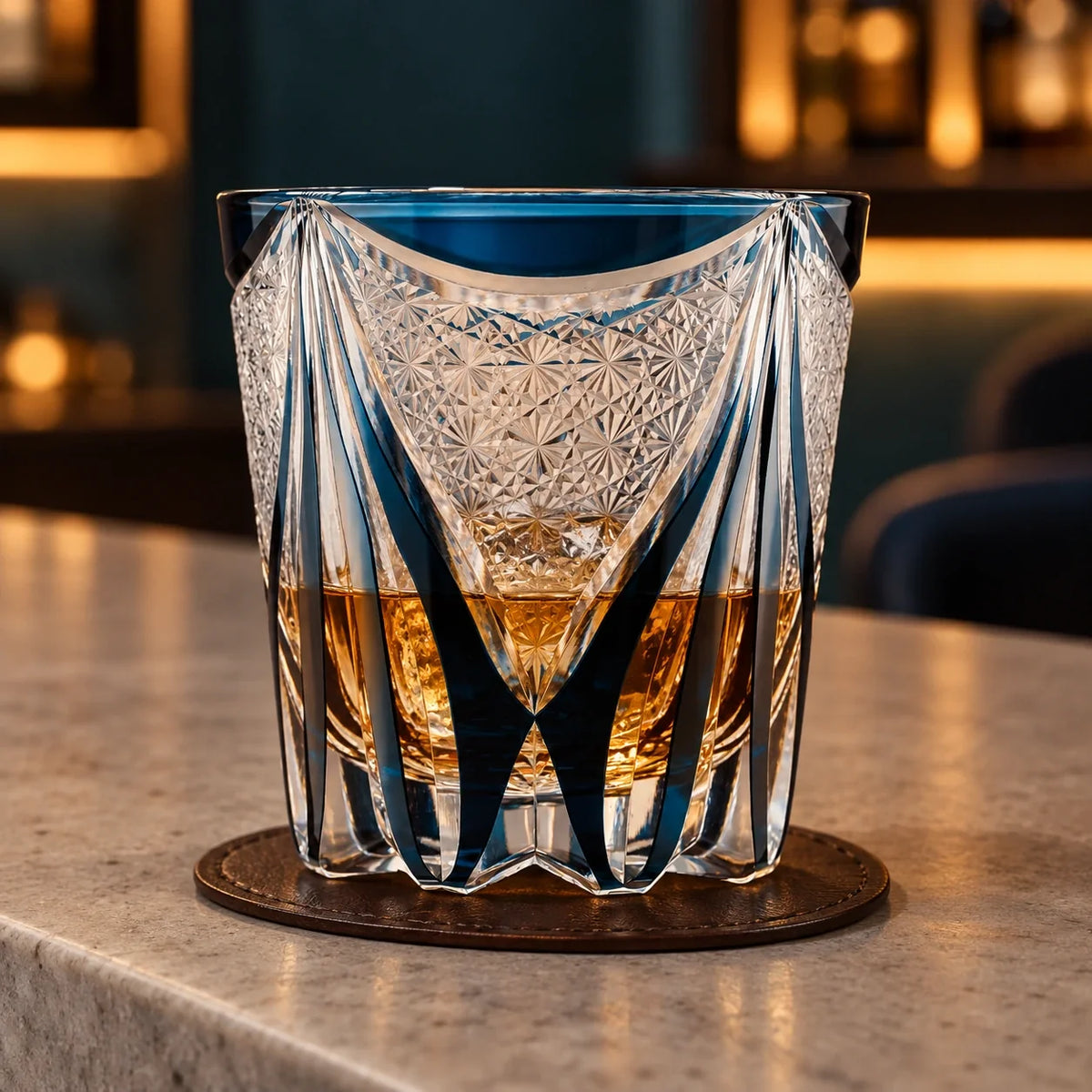 Blue Tide Phantom Edo Kiriko Whisky Glass, Blue Tide Phantom, with whisky and one ice cube — AI-generated nighttime styling