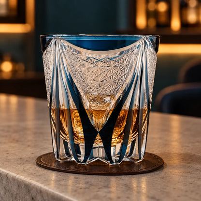 Blue Tide Phantom Edo Kiriko Whisky Glass, Blue Tide Phantom, with whisky and one ice cube — AI-generated nighttime styling
