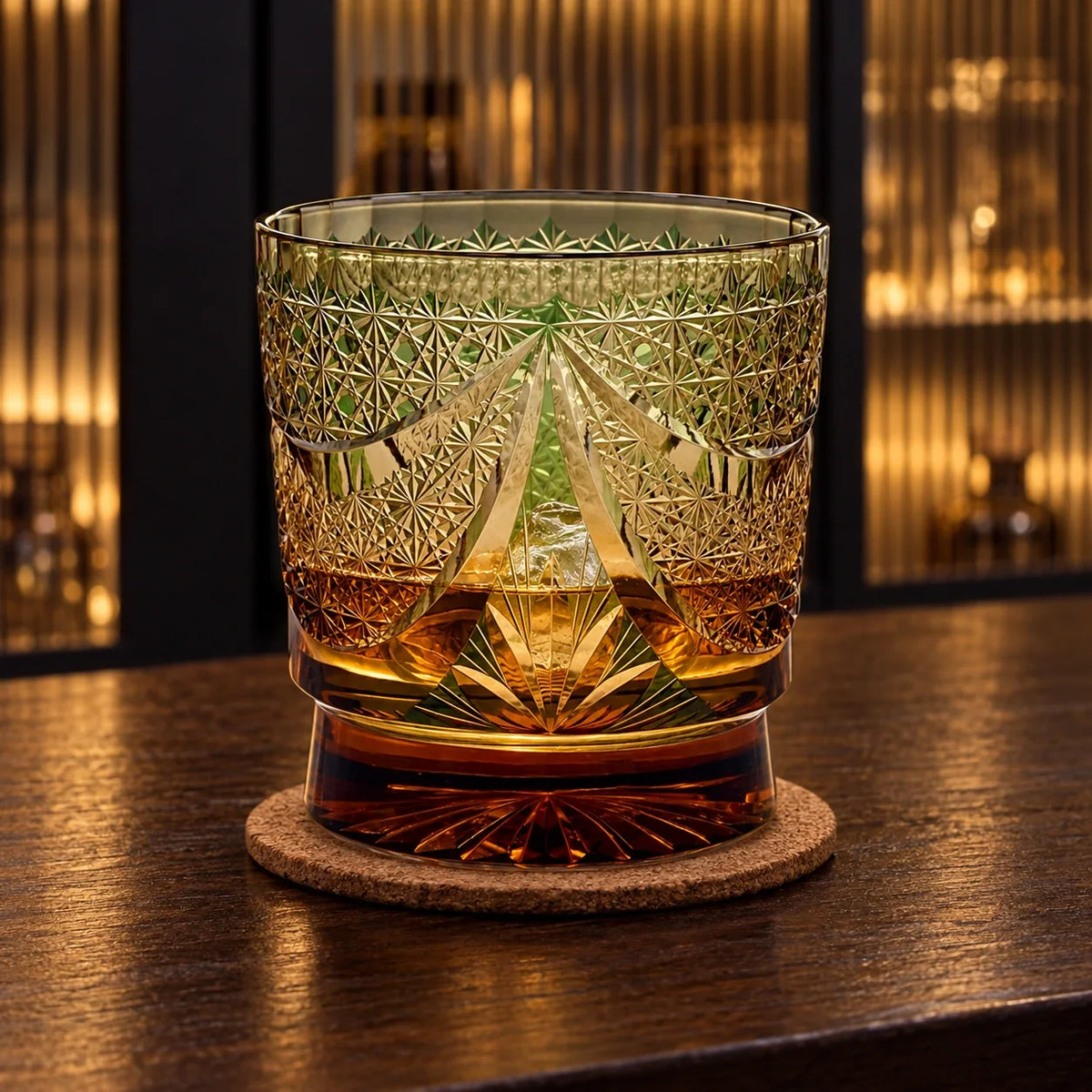 Brilliant Galaxy Edo Kiriko Whisky Glass, Amber Green, with whisky and one ice cube — AI-generated nighttime styling