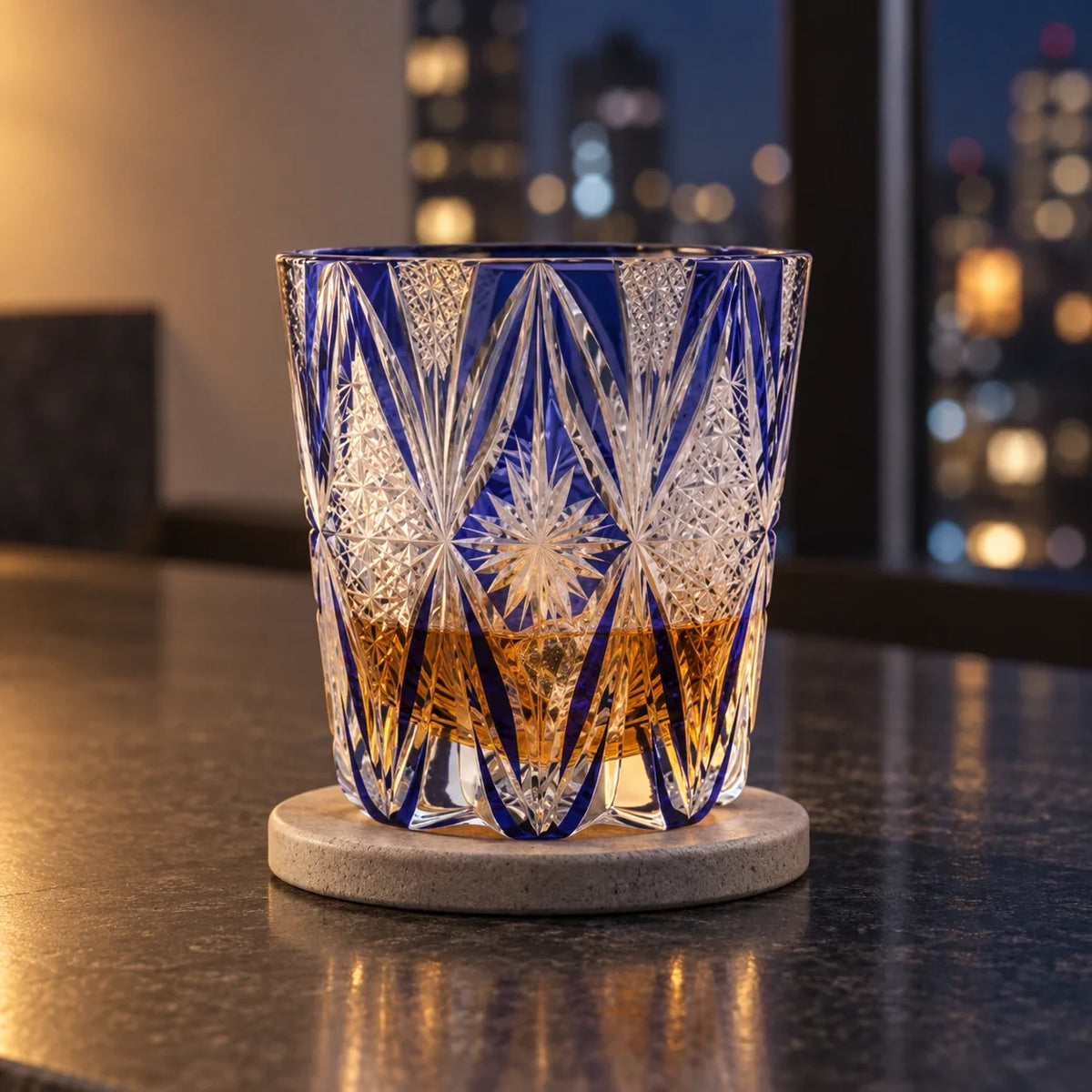 Brocade Edo Kiriko Whisky Glass, Deep Space Blue, with whisky and one ice cube — AI-generated nighttime styling