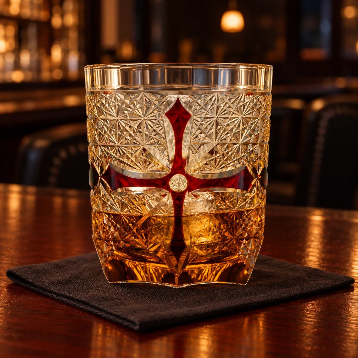Cross Pattern Whisky Glass, Red, with whisky and one ice cube — AI-generated nighttime styling