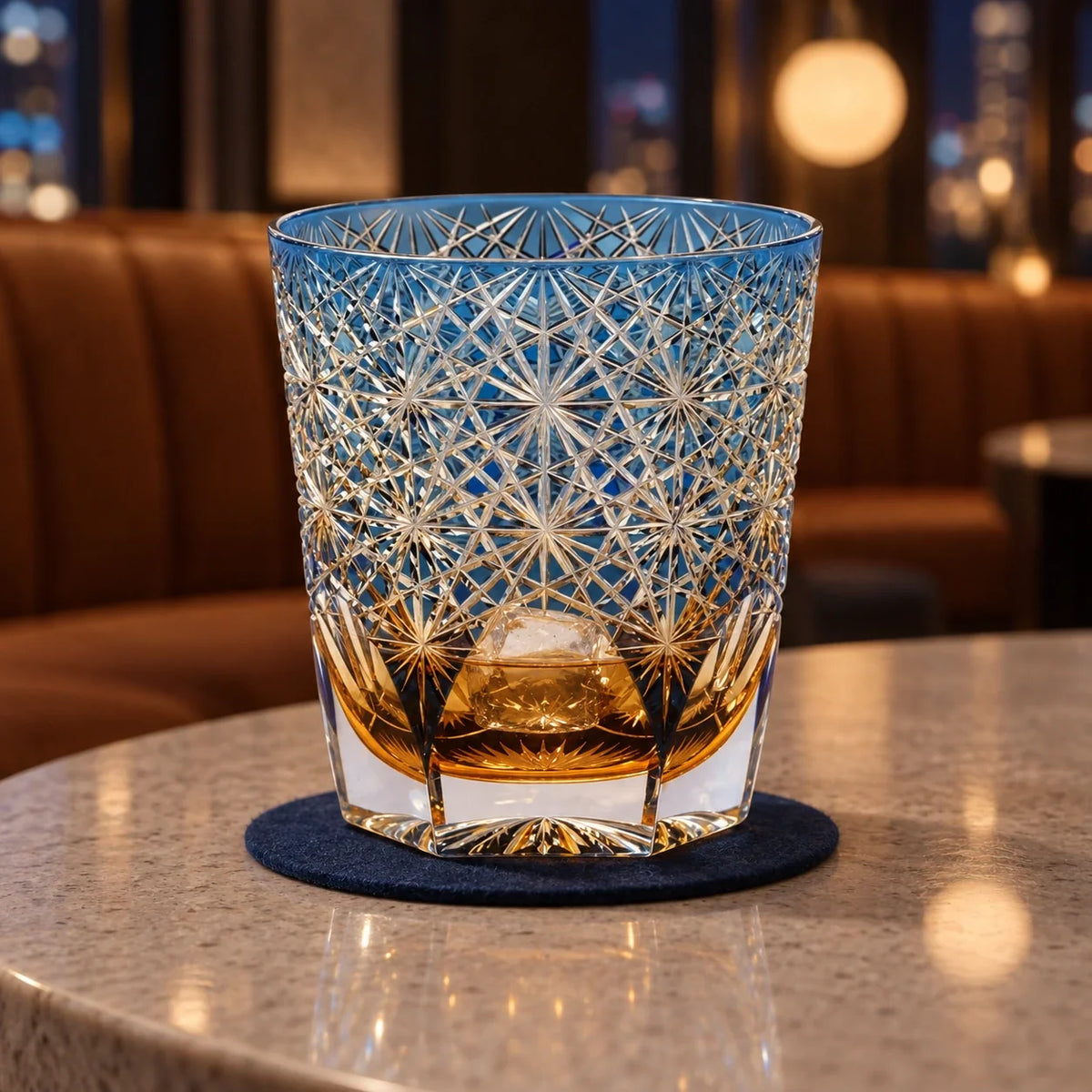 Daisy Edo Kiriko Whisky Glass, Blue, with whisky and one ice cube — AI-generated nighttime styling