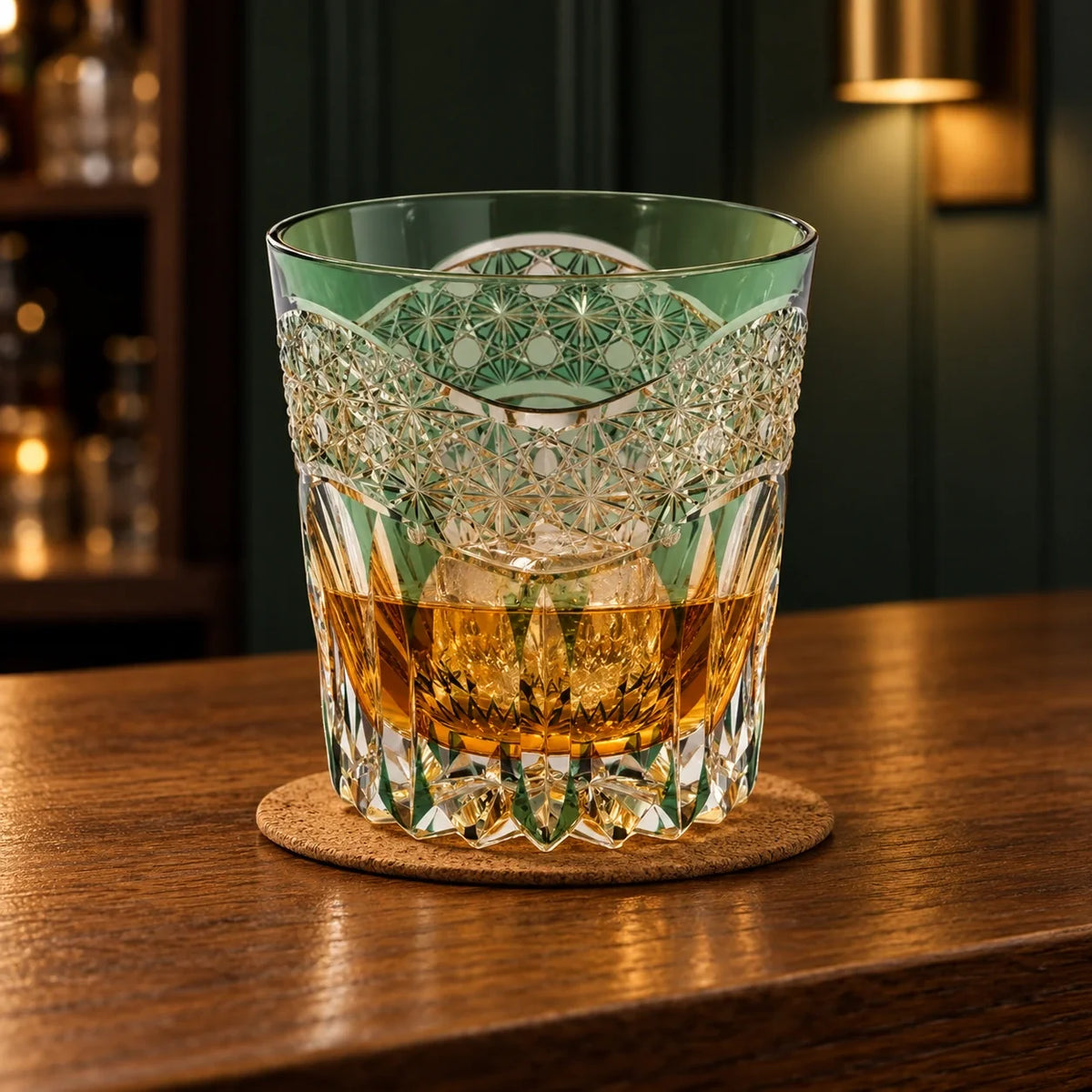 Dawn Edo Kiriko Whisky Glass, Green, with whisky and one ice cube — AI-generated nighttime styling