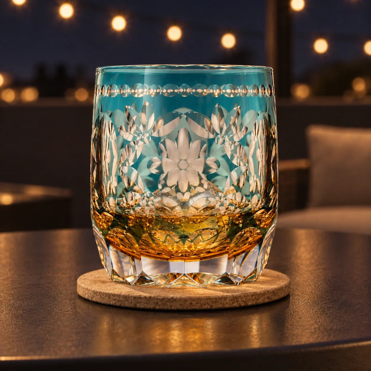 Flower Temari Edo Kiriko Whisky Glass, Amber Blue, with whisky and one ice cube — AI-generated nighttime styling
