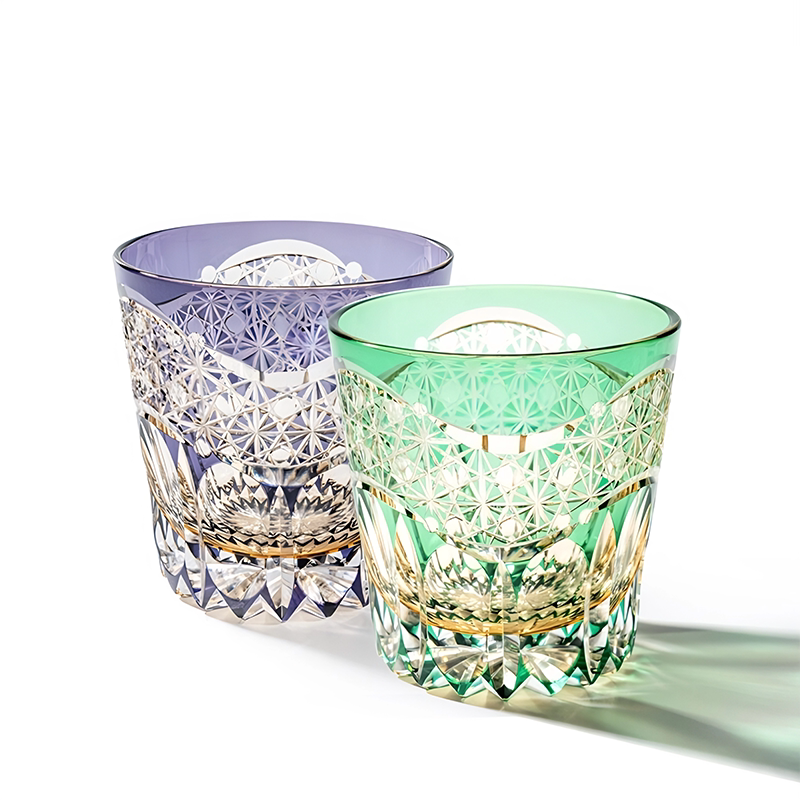 Dawn Edo Kiriko Whisky Glass — Green + Purple / Pair