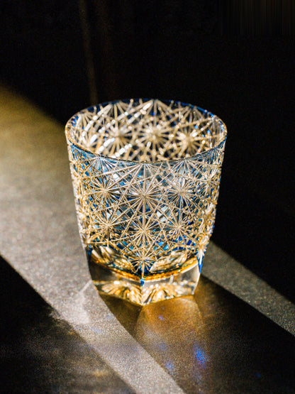 Large Blue Daisy Edo Kiriko Whisky Glass — design and cut detail