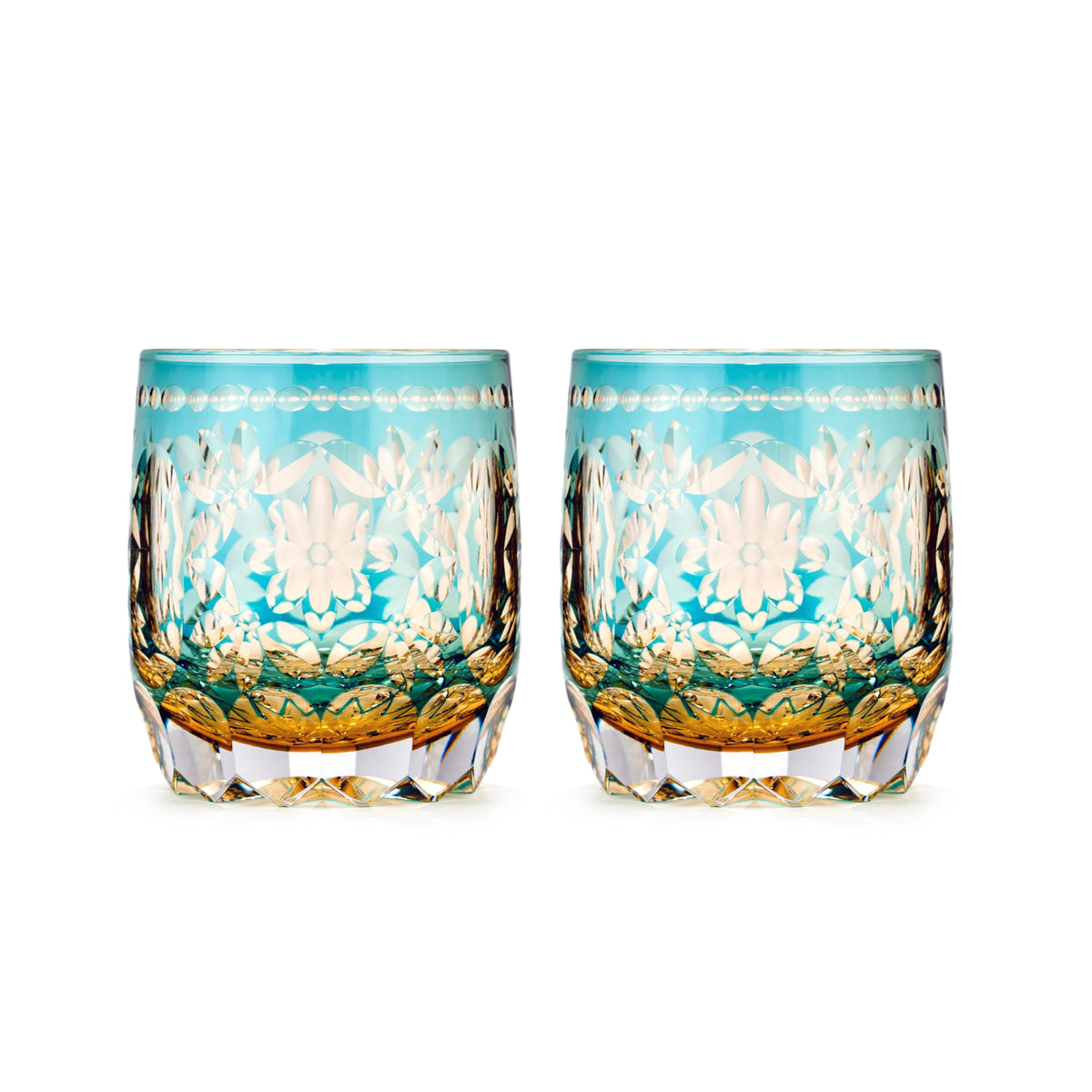 Flower Temari Edo Kiriko Whisky Glass — Amber Blue / Pair