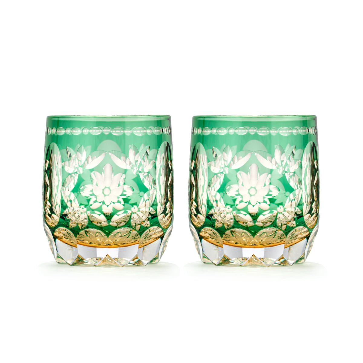 Flower Temari Edo Kiriko Whisky Glass — Amber Green / Pair