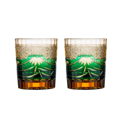 Two green Mt. Fuji patterned glasses shown side by side