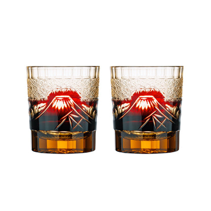 Two red Mt. Fuji patterned glasses shown side by side