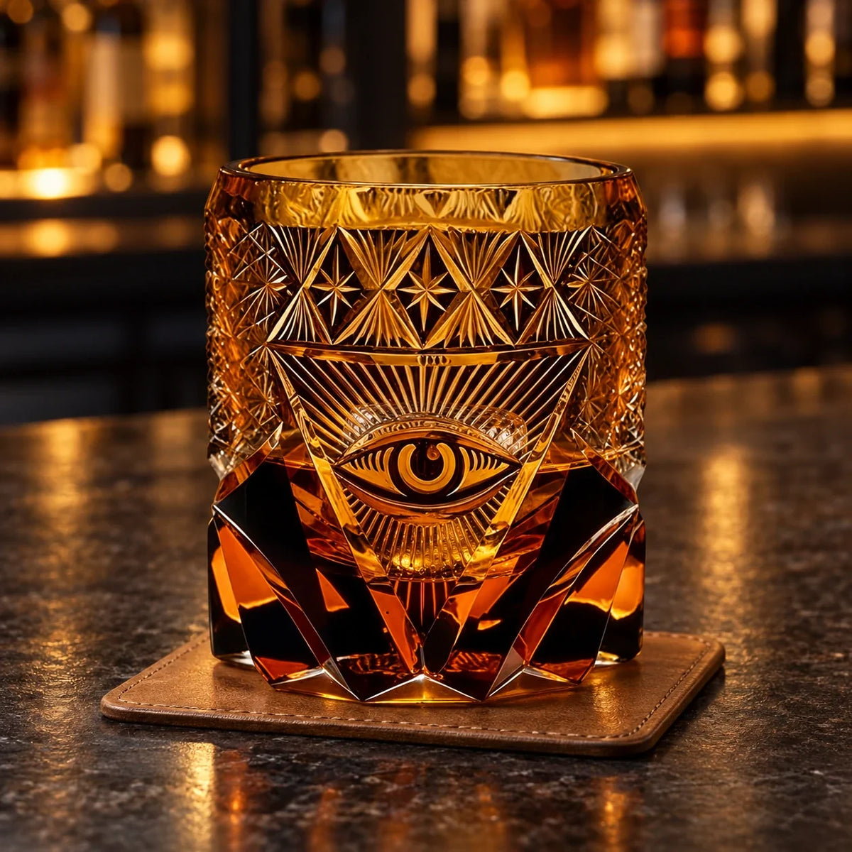 God’s Eye Edo Kiriko Whisky Glass, Amber Black, with whisky and one ice cube — AI-generated nighttime styling