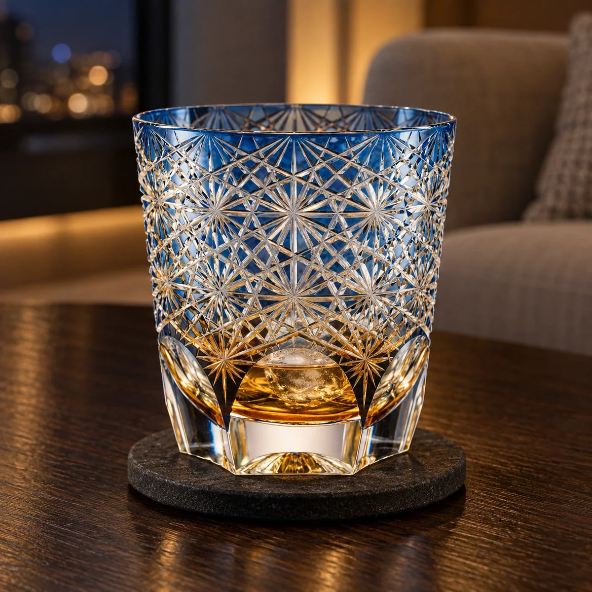 Large Blue Daisy Edo Kiriko Whisky Glass, Blue, with whisky and one ice cube — AI-generated nighttime styling